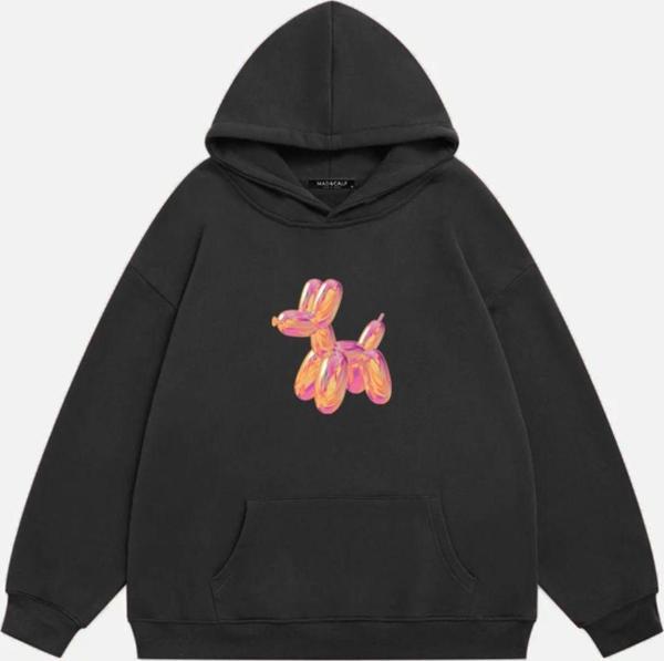 Mad&Calf Kadın Baloon Dog Baskılı Kapüşonlu Polarlı Oversize Sweatshirt Füme M - Image 1