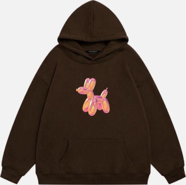 Mad&Calf Kadın Baloon Dog Baskılı Kapüşonlu Polarlı Oversize Sweatshirt Kahverengi 2XL - Image 1
