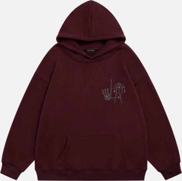 Mad&Calf Kadın La Finger Sign Taş Baskılı Kapüşonlu Polarlı Oversize Sweatshirt Bordo 2XL - Image 1
