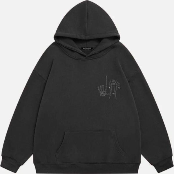 Mad&Calf Kadın La Finger Sign Taş Baskılı Kapüşonlu Polarlı Oversize Sweatshirt Füme 2XL - Image 1