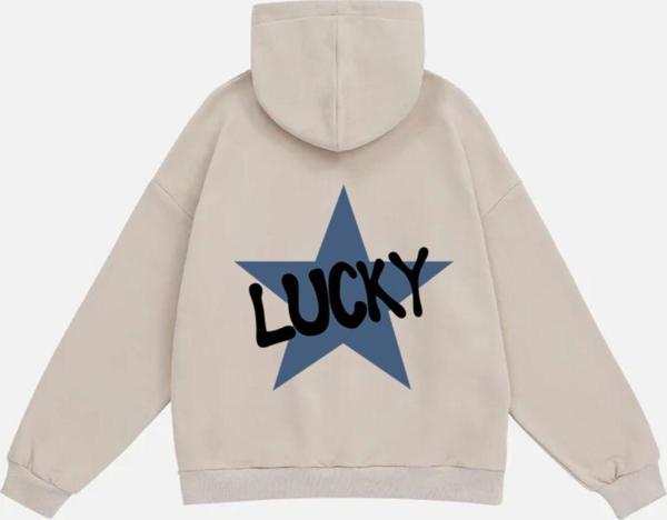 Mad&Calf Kadın Lucky Baskılı Kapüşonlu Polarlı Oversize Sweatshirt Bej XL - Image 1
