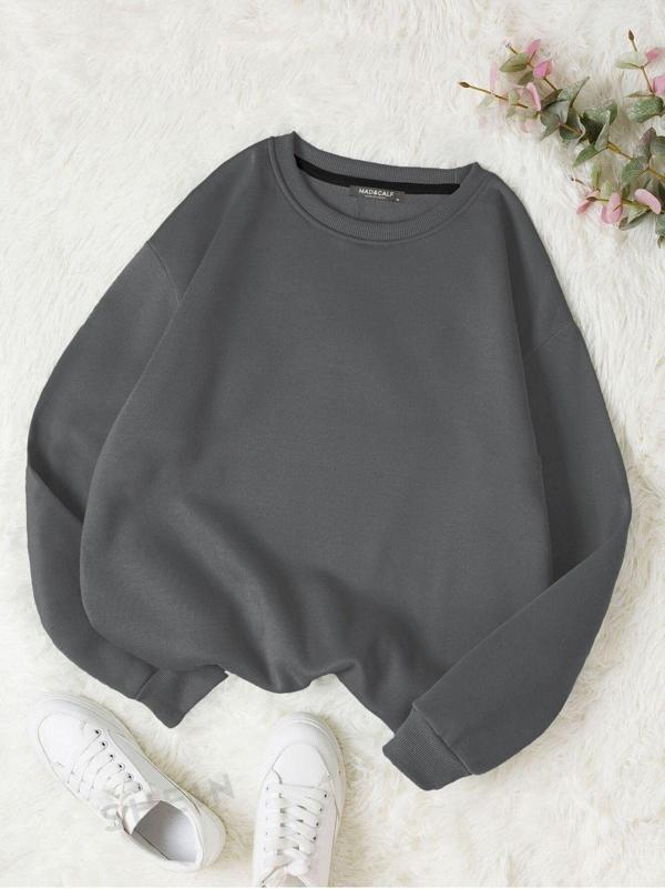 Mad&Calf Kadın Basic 0 Sıfır Yaka Baskısız Düz Oversize Salaş Bol Kesim Polar Sweatshirt Füme L - Image 1