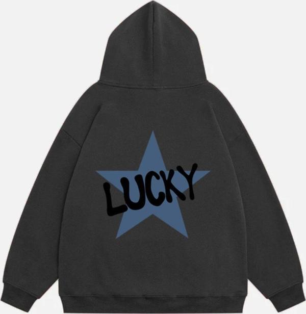 Mad&Calf Kadın Lucky Baskılı Kapüşonlu Polarlı Oversize Sweatshirt Füme 2XL - Image 1