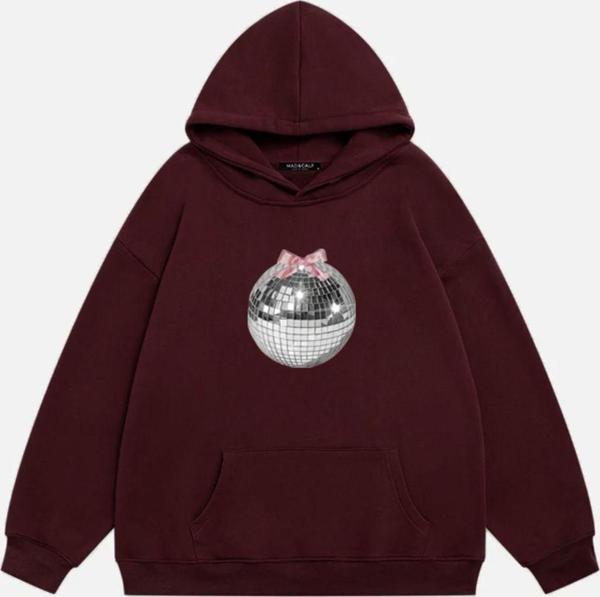 Mad&Calf Kadın Mirror Ball Baskılı Kapüşonlu Polarlı Oversize Sweatshirt Bordo L - Image 1