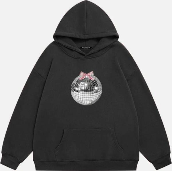 Mad&Calf Kadın Mirror Ball Baskılı Kapüşonlu Polarlı Oversize Sweatshirt Füme 2XL - Image 1