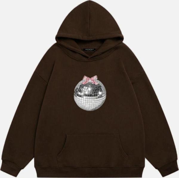 Mad&Calf Kadın Mirror Ball Baskılı Kapüşonlu Polarlı Oversize Sweatshirt Kahverengi 2XL - Image 1