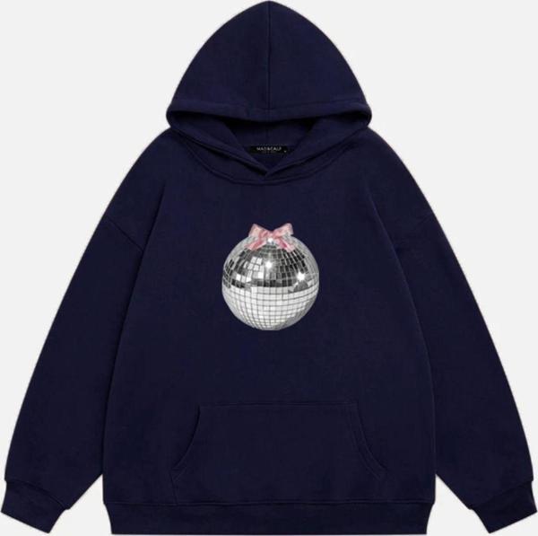Mad&Calf Kadın Mirror Ball Baskılı Kapüşonlu Polarlı Oversize Sweatshirt Lacivert 2XL - Image 1