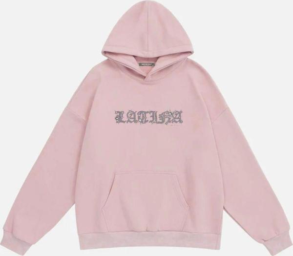Mad&Calf Kadın Latina Taş Baskılı Kapüşonlu Polarlı Oversize Sweatshirt Pembe S - Image 1