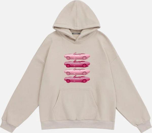 Mad&Calf Kadın Pink Cars Baskılı Kapüşonlu Polarlı Oversize Sweatshirt Bej M - Image 1