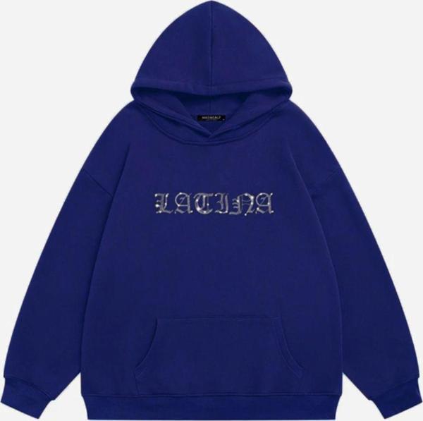 Mad&Calf Kadın Latina Taş Baskılı Kapüşonlu Polarlı Oversize Sweatshirt Saks 2XL - Image 1