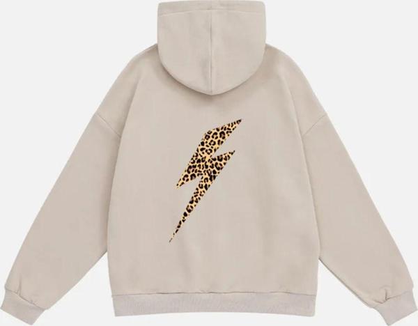 Mad&Calf Kadın Leo Thunder Baskılı Kapüşonlu Polarlı Oversize Sweatshirt Bej 2XL - Image 1