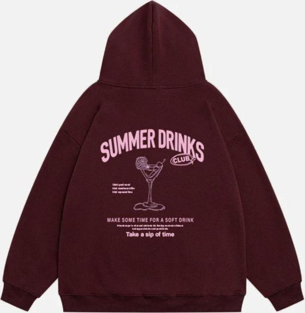 Mad&Calf Kadın Summer Drinks Baskılı Kapüşonlu Polarlı Oversize Sweatshirt Bordo 2XL - Image 1