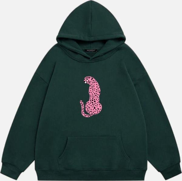 Mad&Calf Kadın Pink Leopard Baskılı Kapüşonlu Polarlı Oversize Sweatshirt Koyu Yeşil S - Image 1