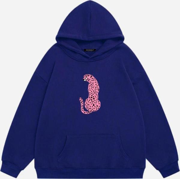 Mad&Calf Kadın Pink Leopard Baskılı Kapüşonlu Polarlı Oversize Sweatshirt Saks 2XL - Image 1