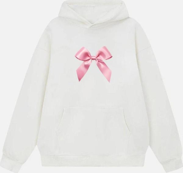 Mad&Calf Kadın Pink Ribbon Baskılı Kapüşonlu Polarlı Oversize Sweatshirt Ekru 2XL - Image 1