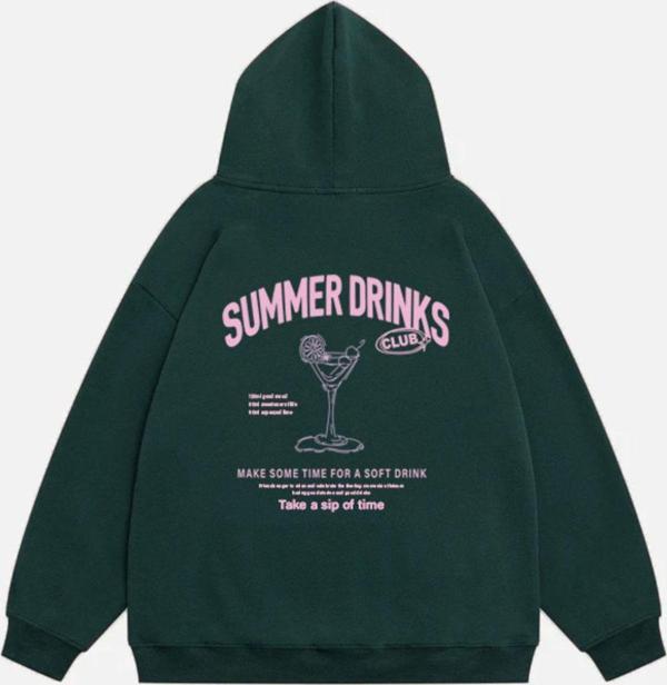 Mad&Calf Kadın Summer Drinks Baskılı Kapüşonlu Polarlı Oversize Sweatshirt Koyu Yeşil S - Image 1