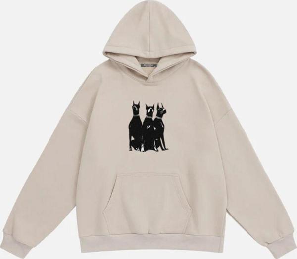 Mad&Calf Unisex Doberman Baskılı Kapüşonlu Polarlı Oversize Sweatshirt Bej M - Image 1