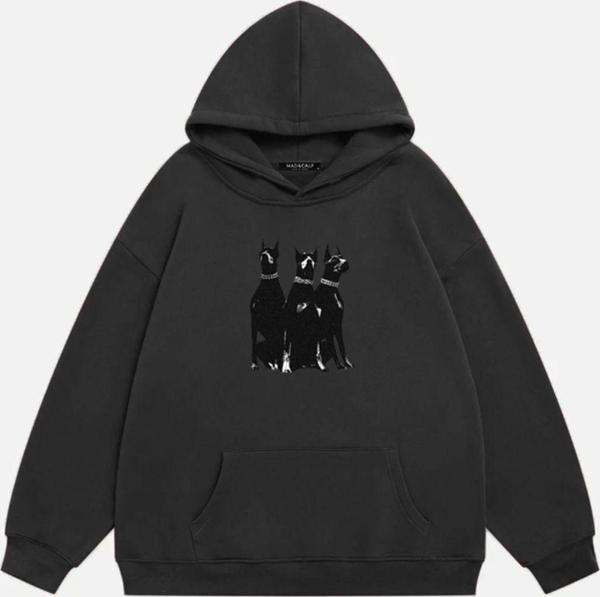 Mad&Calf Unisex Doberman Baskılı Kapüşonlu Polarlı Oversize Sweatshirt Füme 2XL - Image 1