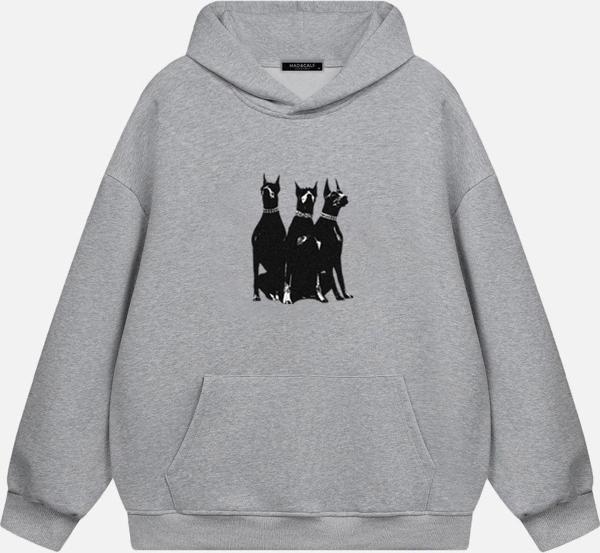 Mad&Calf Unisex Doberman Baskılı Kapüşonlu Polarlı Oversize Sweatshirt Gri 2XL - Image 1