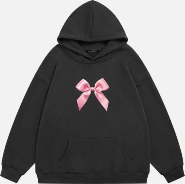 Mad&Calf Kadın Pink Ribbon Baskılı Kapüşonlu Polarlı Oversize Sweatshirt Füme 2XL - Image 1