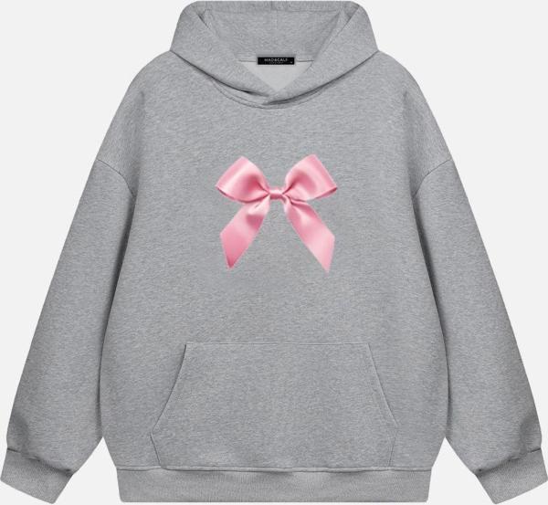 Mad&Calf Kadın Pink Ribbon Baskılı Kapüşonlu Polarlı Oversize Sweatshirt Gri XS - Image 1