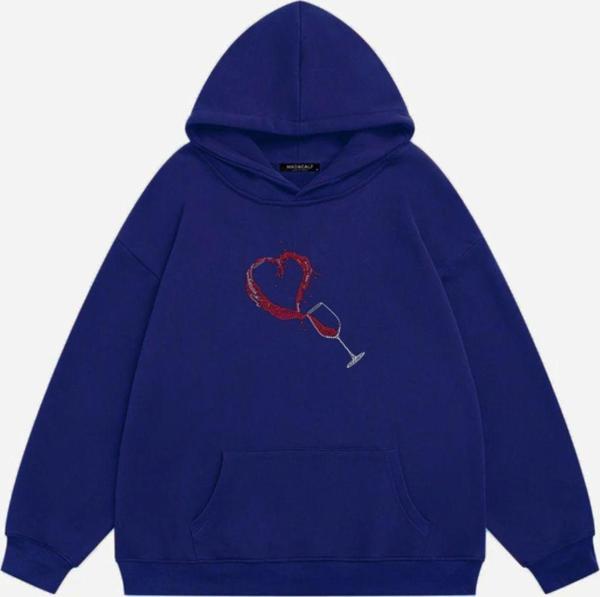 Mad&Calf Kadın Wine Glass Taş Baskılı Kapüşonlu Polarlı Oversize Sweatshirt Saks XS - Image 1