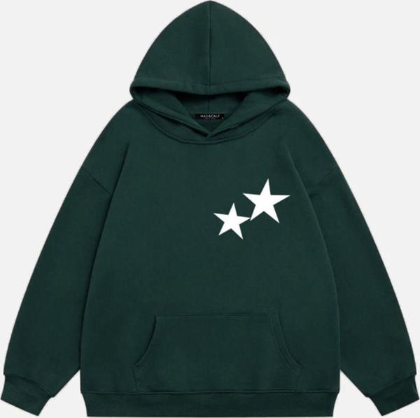 Mad&Calf Unisex Double Star Baskılı Kapüşonlu Polarlı Oversize Sweatshirt Koyu Yeşil XS - Image 1