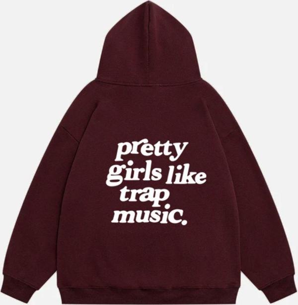 Mad&Calf Kadın Pretty Girls Like Trap Music. Baskılı Kapüşonlu Polarlı Oversize Sweatshirt Bordo 2XL - Image 1