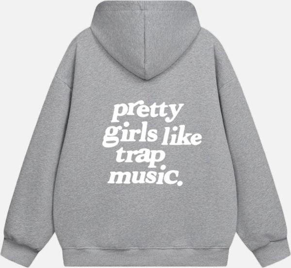 Mad&Calf Kadın Pretty Girls Like Trap Music. Baskılı Kapüşonlu Polarlı Oversize Sweatshirt Gri 2XL - Image 1