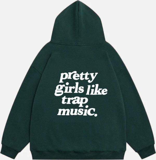 Mad&Calf Kadın Pretty Girls Like Trap Music. Baskılı Kapüşonlu Polarlı Oversize Sweatshirt Koyu Yeşil 2XL - Image 1