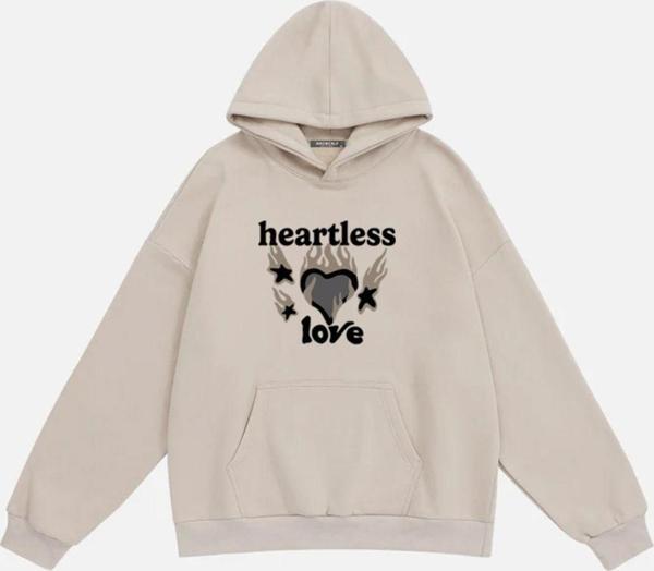 Mad&Calf Unisex Heartless Love Baskılı Kapüşonlu Polarlı Oversize Sweatshirt Bej 2XL - Image 1