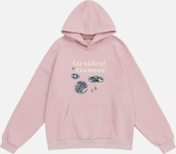 Mad&Calf Unisex Farside Of The Moon Baskılı Kapüşonlu Polarlı Oversize Sweatshirt Pembe 2XL - Image 1