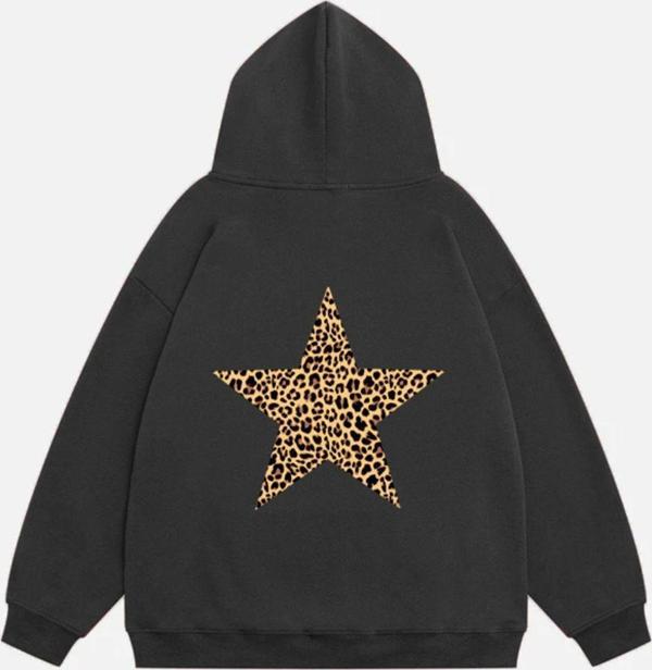 Mad&Calf Kadın Star Leopard Baskılı Kapüşonlu Polarlı Oversize Sweatshirt Füme S - Image 1