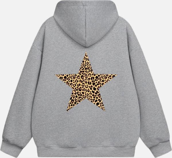 Mad&Calf Kadın Star Leopard Baskılı Kapüşonlu Polarlı Oversize Sweatshirt Gri 2XL - Image 1