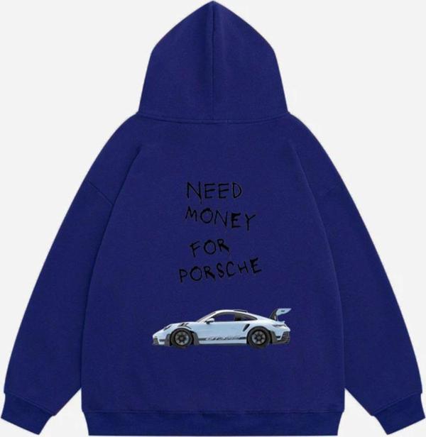 Mad&Calf Unisex Need Money 4 Porsche Baskılı Kapüşonlu Polarlı Oversize Sweatshirt Saks 2XL - Image 1
