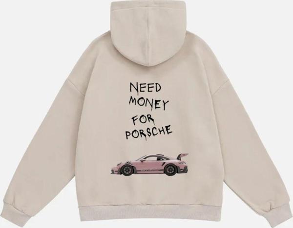 Mad&Calf Unisex Need Money For Porsche Baskılı Kapüşonlu Polarlı Oversize Sweatshirt Bej 2XL - Image 1