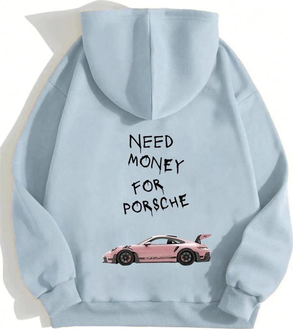 Mad&Calf Unisex Need Money For Porsche Baskılı Kapüşonlu Polarlı Oversize Sweatshirt Buz Mavisi 2XL - Image 1