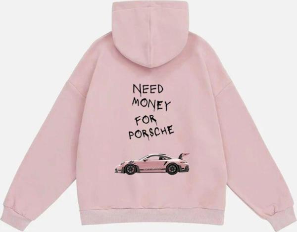 Mad&Calf Unisex Need Money For Porsche Baskılı Kapüşonlu Polarlı Oversize Sweatshirt Pembe 2XL - Image 1