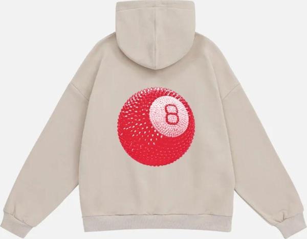 Mad&Calf Unisex Red 8 Ball Baskılı Kapüşonlu Polarlı Oversize Sweatshirt Bej 2XL - Image 1