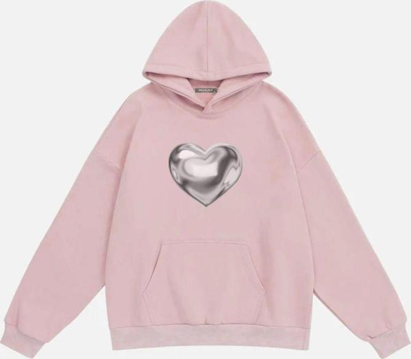 Mad&Calf Unisex Silver Chrome Heart Baskılı Kapüşonlu Polarlı Oversize Sweatshirt Pembe L - Image 1