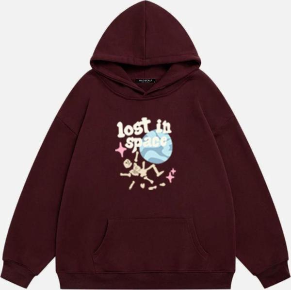 Mad&Calf Unisex Lost In Space Baskılı Kapüşonlu Polarlı Oversize Sweatshirt Bordo XL - Image 1