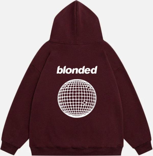 Mad&Calf Unisex Blonde Baskılı Kapüşonlu Polarlı Oversize Sweatshirt Bordo 2XL - Image 1
