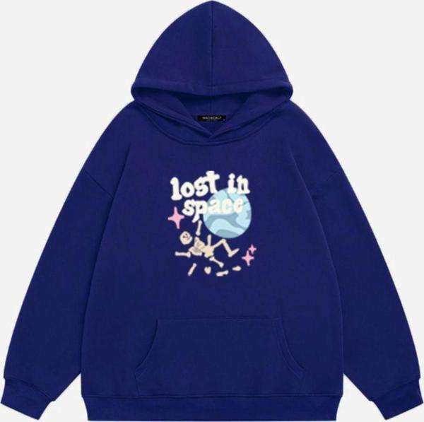 Mad&Calf Unisex Lost In Space Baskılı Kapüşonlu Polarlı Oversize Sweatshirt Saks 2XL - Image 1