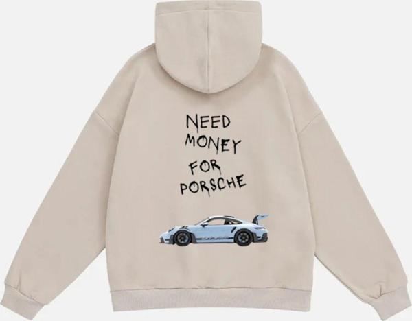 Mad&Calf Unisex Need Money 4 Porsche Baskılı Kapüşonlu Polarlı Oversize Sweatshirt Bej L - Image 1
