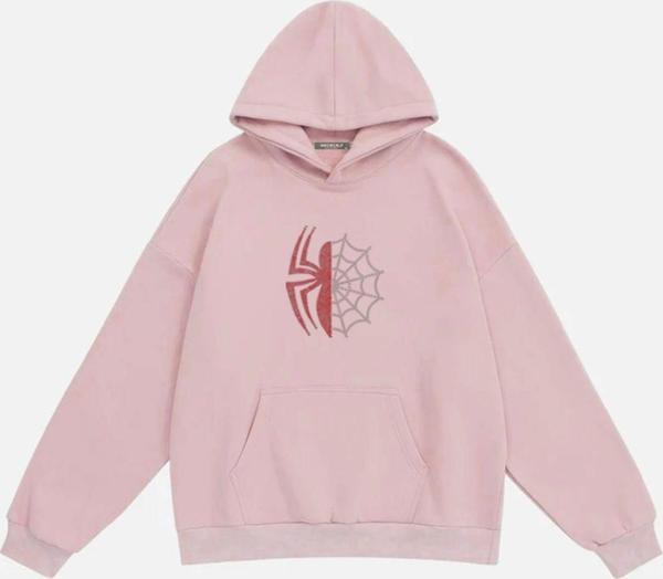 Mad&Calf Unisex Spider Taş Baskılı Kapüşonlu Polarlı Oversize Sweatshirt Pembe XL - Image 1