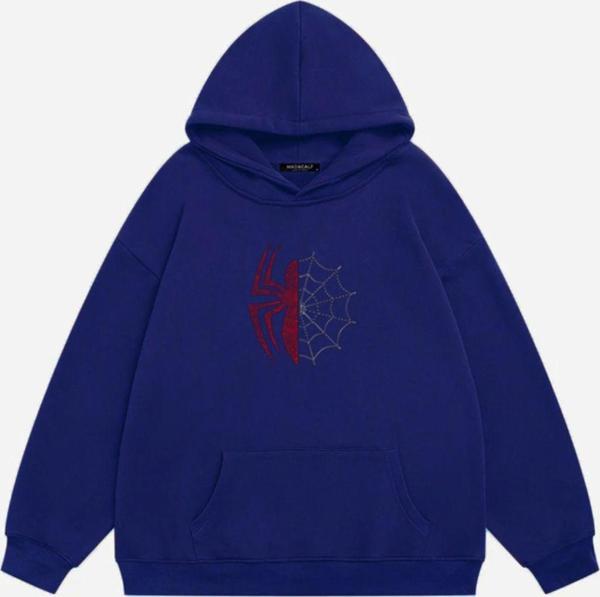 Mad&Calf Unisex Spider Taş Baskılı Kapüşonlu Polarlı Oversize Sweatshirt Saks 2XL - Image 1