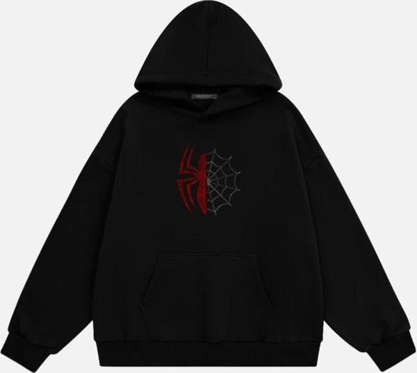 Mad&Calf Unisex Spider Taş Baskılı Kapüşonlu Polarlı Oversize Sweatshirt Siyah 2XL - Image 1