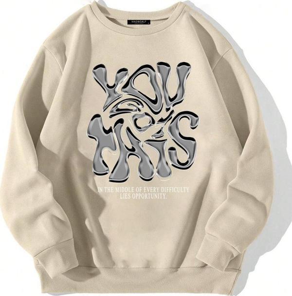 Mad&Calf Unisex You Got This Baskılı Oversize Polarlı Sweatshirt Bej L - Image 1