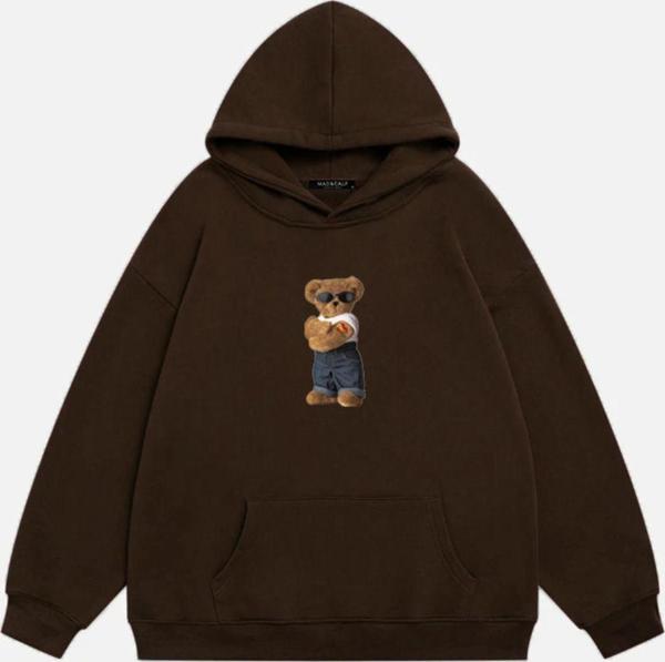 Mad&Calf Unisex Teddy Bear Baskılı Kapüşonlu Polarlı Oversize Sweatshirt Kahverengi 2XL - Image 1