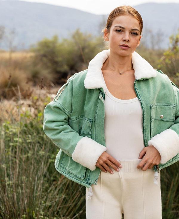 VerdeBlanco Kürklü Peluş Yaka Kot Mont Yeşil - Image 1